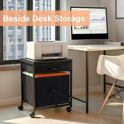Rolling Mobile File Cabinet Cart with 2 Fabric Drawers A4 Letter Size Beside, Vertical Filing Cabinet on Lockable Wheels, Mobile Printer Stand Storage Under Desk for Home Office(Black)