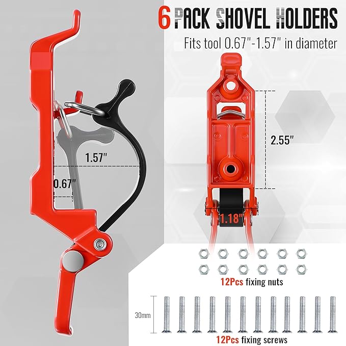 6 Pcs Shovel Holder for Truck, Heavy Duty Shovel Mounts for Roof Rack, Quick Release Axe Holder Mount Kit, Metal and Rubber Car Accessories/ Garage Storage/ Truck/ Wall Mounting Brackets