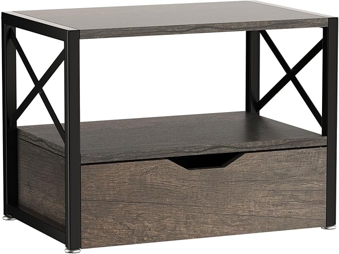 IBUYKE 2 Tier Desktop Printer Stand,Multi-Purpose Desk Organizer,Wooden Printer Stand with Drawer Storage for Folders,Books,for Fax Machine, Scanner,Home Office,Grey TLJ006G
