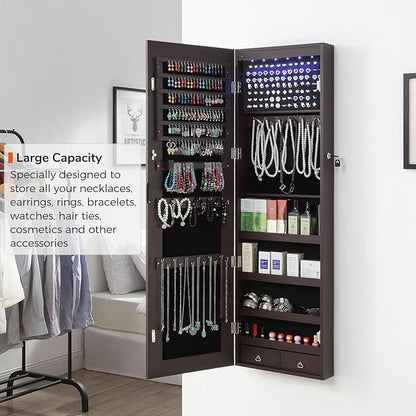 GISSAR Full Length Mirror Jewelry Cabinet, 6 LEDs Jewelry Armoire Wall Mounted Over The Door Hanging, Jewelry Organizer Storage with Lights Lockable, Brown, 14.6" x 47.2"