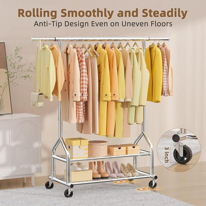 EAGMAK Heavy Duty Clothes Rack Load 556 LBS, Rolling Clothing Rack With Shelves, Height Adjustable Metal Clothes Hanger with Wheels Portable Wardrobe Organizer Garment Rod for Hanging Clothes (Silver)