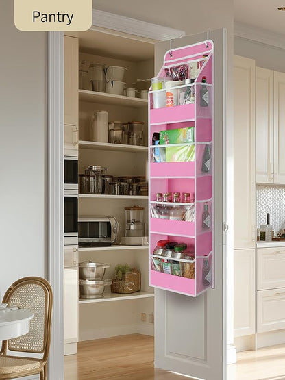 Yecaye 5 Tier Over the Door Organizer, Swing-proof Door Organizer Hanging with Clear PVC Windows, Behind the Door Storage for Bedroom Nursery Closet Laundry Pantry Bathroom, Bubblegum Pink