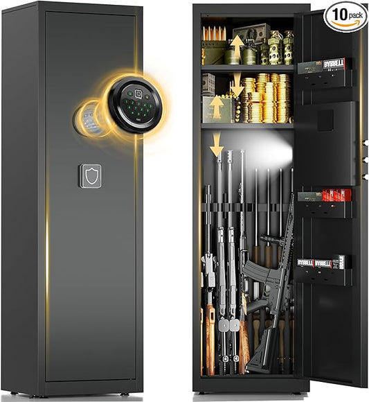 8-10 Gun Safe for Rifles and Pistols, Gun Cabinets for Rifles and Shotguns with Digital Keypad & LED Light, Rifle Safe with Removable Shelves and Alarm System, Easy Assembly Gun Locker