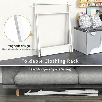 Kids Clothing Rack, Small Clothes Rack for Toddler Pets, Kids Dress Up Rack with Storage Shelf & Double Rods, Foldable Kids Clothes Rack for Nursery Child's Room (Regular Size - White)