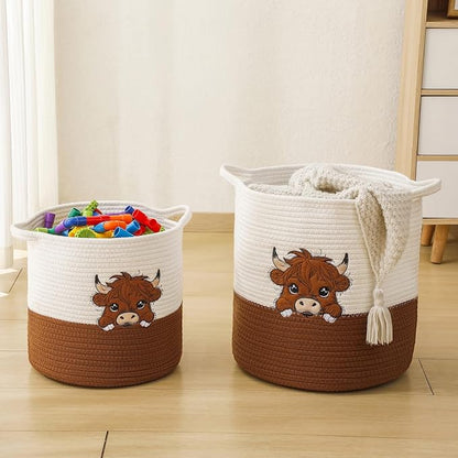 Highland Cow Cute Basket for Nursery, Woven Cotton Rope Storage Basket for Kids, Baby Blanket Organizer with Handles, Storage Basket for Blanket Towel Toys Clothes, Highland Cow Decor, Medium