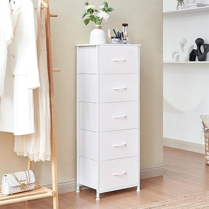 Somdot Tall Dresser for Bedroom, Chest of Drawers Storage Organizer,Steel, Non-Woven Fabric Drawers, Closet Bedside Living Room Entryway Hallway, 11.8"D x 16.5"W x 45.1"H (5 Drawers) White Leather, 1