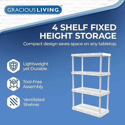 Gracious Living 4 Shelf Knect-A-Shelf Ventilated Light Duty Storage Home Organizer with Adjustable Shelves for Garage, Basement, and Laundry, White
