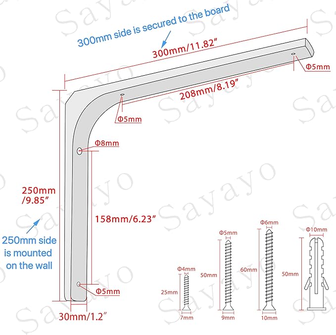 SAYAYO L Bracket 12 Inch, Heavy Duty Metal Wall Brackets Joint Angle Bracket Floating Shelf Support DIY Shelving Brackets White, 2 PCS