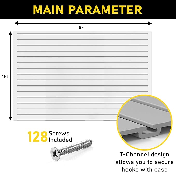 Heavy Duty 4x8 PVC Garage Slatwall Storage System (with Endcaps & Screws) - Modular Slat Wall Paneling for Garage Wall Organizer - Interlocking Slatwall Panels for Home & Commercial Use (White)