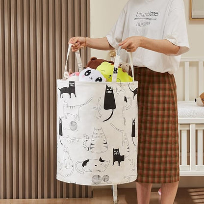 Baby Laundry Basket with Long Handles, 63L Collapsible Kids Laundry Hamper, Toy Storage Basket for Nursery, Bedroom Decor for Girls and Boys (Cartoon Cat)