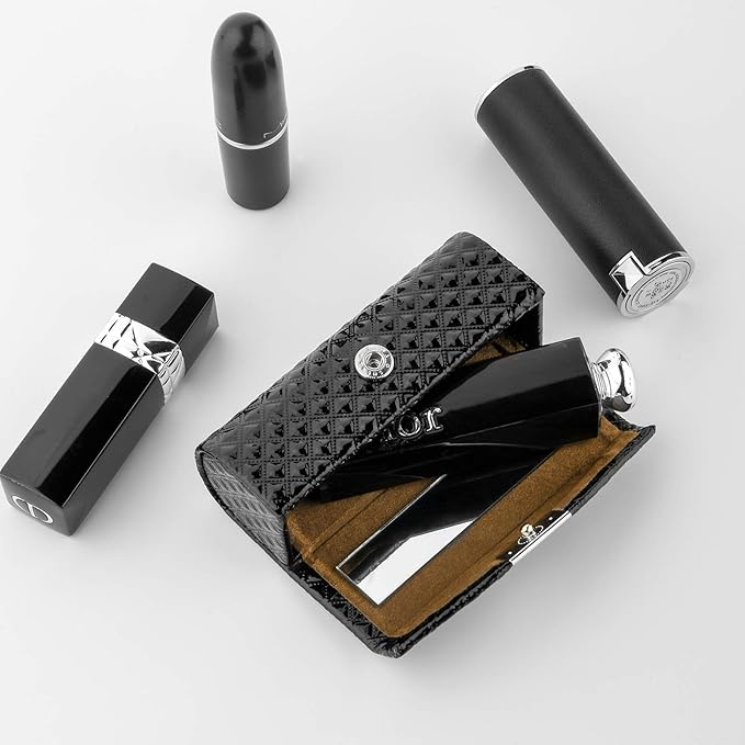 Beautyflier Women’s PU Leather Lipstick Case Holder with Mirror Rectangle Makeup Travel Cases for Purse Lipstick Holder (Black)