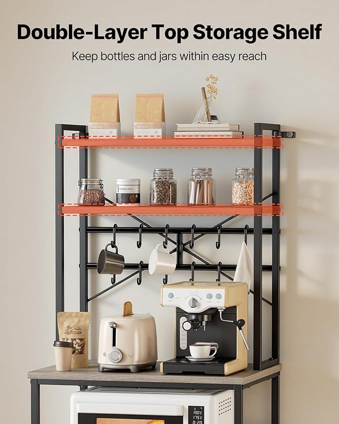 VEVOR Bakers Rack, 23.6 inch Width Microwave Stand,Kitchen Stand with X-Shaped Support Bar & 12 S-Shaped Hooks,Kitchen Storage Shelf for Dish Storage, Spice Jars, Coffee Bar Organization
