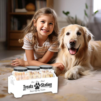 Dog Treat Container, Food Storage Container with 3 Plastic Dog Treat Jars, Reusable Cat Treat Container, Pet Treat Storage Organizer, Wood Dog Treat Holder, Dog Food Container for Dog Cat(white)