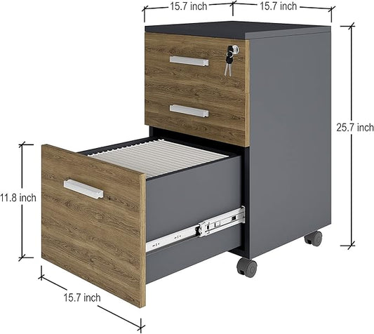 Modern Design Lazio File Cabinet, Filing Cabinets for Home Office, Drawers for Under Desk, Locking 3 Drawer Rolling Wood Filing Cabinet with Lock, Walnut and Black, by Crafts and Comfort