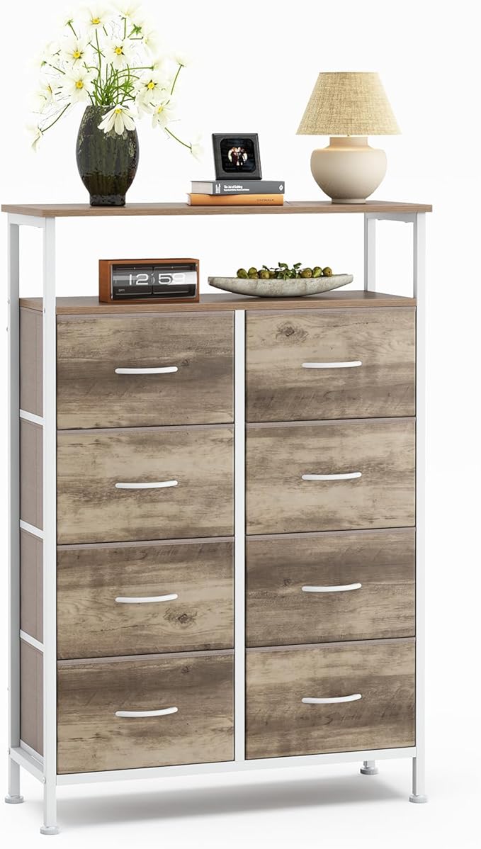 DUMOS TV Stands for Living Room with 8 Drawers, Tall 8-Drawer Chest of Drawers with Raised Shelf, Storage Tower with Fabric Bins for Organization, Hallway Storage, Oak