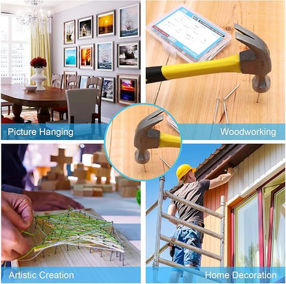 376pcs Hardware Assortment Kit with 2" Nails & 8oz Claw Hammer for Hanging Pictures, Finishing, Wall, Small, Wood Nails and Hammer