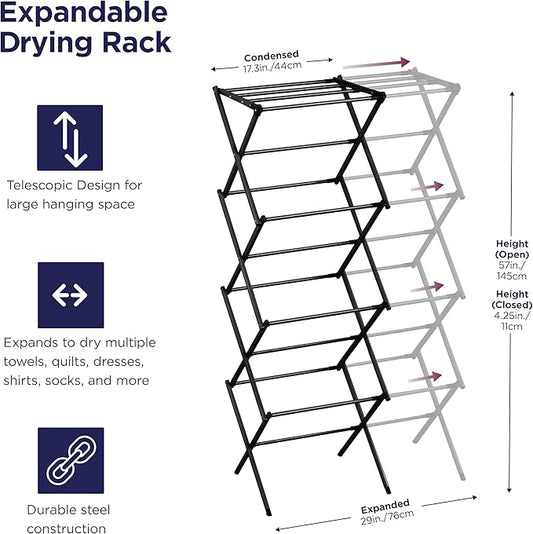BLACK+DECKER 4-Tier Expandable Collapsible Clothes Drying Rack, Telescopic Height, Foldable Space-Saving Laundry Air Dryer for Towels, Shirts & Delicates – Durable Steel, No Tools Needed