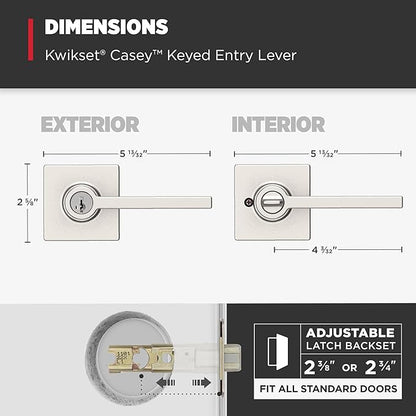 Kwikset Casey Entry Door Handle with Lock and Key, Secure Keyed Reversible Lever Exterior, for Front Entrance and Bedrooms, Satin Nickel, 4 Pack, Pick Resistant SmartKey Rekey Security and Microban