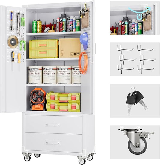 Garage Storage Cabinet with 2 Drawers and Pegboard, Metal Storage Cabinet with 2 Lockable Doors for Garage Home Warehouse,Required Assembly,White,71.2" H*15.2" D*30" W