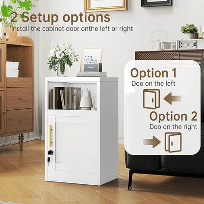 27" Metal Nightstand with Locked Doors, Small Sidetable with 1 Storage Shelf, Storage Cabinet for Bedroom, Metal End Table for Home, Office White
