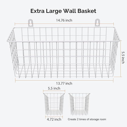 MaraFansie [Extra Large Wire Basket 2-Pack Hanging Wall Organizer Cabinet Storage Basket Wall Mounted Shelves Rustic Farmhouse Decor for Home Kitchen Bathroom, White