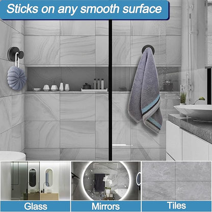 Shower Hooks for Inside Shower, Vacuum Suction Cup Hooks for Glass Window, Mirror, No Drill Towel Hooks for Bathrooms, Bath Robe Coat Looafh Wreath Hook for Hanging - 2 Pack, Black