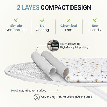 Ironing Board Cover and Pad 15"x54" Extra Thick Natural Cotton, Scorch and Stain Resistant Padding, Standard Size Iron Board Cover with Fasteners Heavy Duty Elastic Edge, Heatproof Starlight