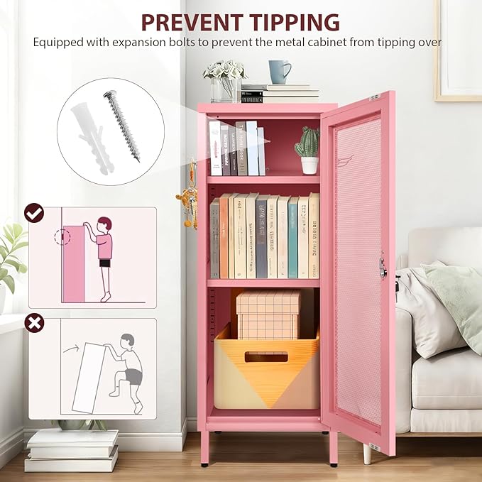 Metal Storage Cabinet, 39.37" H Small Pink Metal Locker Cabinets with Lockable Mesh Door and Handle, 2 Adjustable Shelves, 2 Pegboards & 6 Hooks for Home, Office, Bedroom, Kitchen, Assembly Required