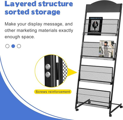 18.9''W Floor-Standing Magazine Display Rack, Rolling Journals, Brochure & Newspaper Stand, Literature Holder for Trade Shows, Exhibitions, & Offices, Black
