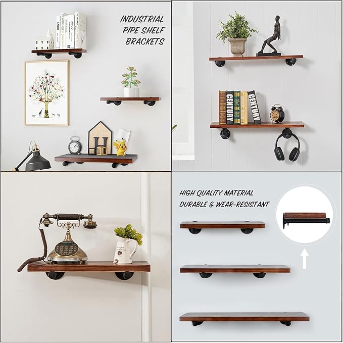 12 Inch Industrial Pipe Shelf Brackets Set of 8 - Black Iron Rustic Wall Mounted DIY Shelving Brackets Hanging Custom Pipe Brackets for Floating Shelves