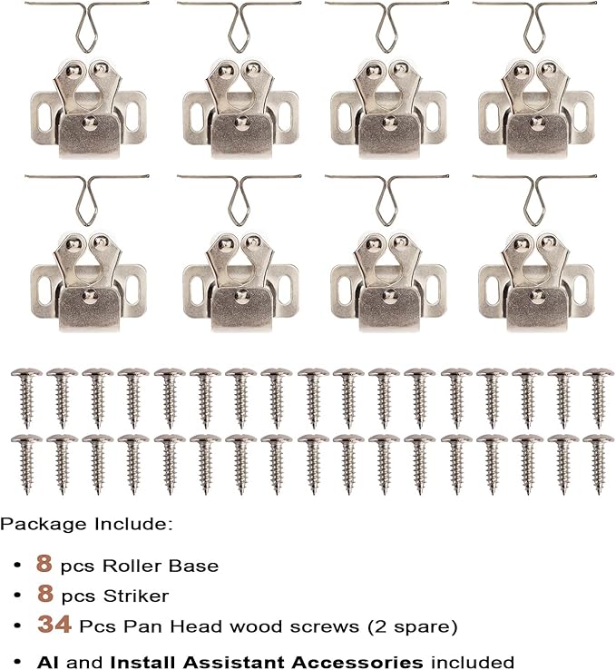 8 PCS Cabinet Latch Double Roller Catch Hardware for Cupboard Closet Cabinet Door Latches and Catches, Nickel