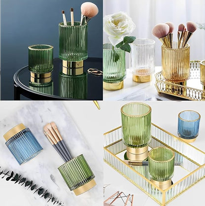 Makeup Brush Holder Organizer, Heavy Crystal Glass Brush Storage Holder, Vintage Cosmetic Make Up Bathroom Brushes Cup Pen Pencil Toothbrush Holder Striped Vase (Large (amber))