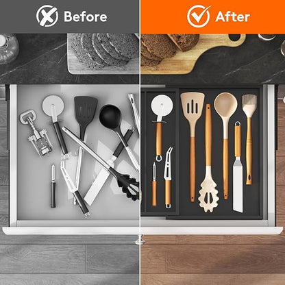 Lifewit Utensil Organizer for Kitchen Drawer, Expandable Cooking Utensil Tray, Cutlery Silverware Flatware Holder, Wood Adjustable Spatula Tools Storage Divider, 30-55 x 40cm, Black