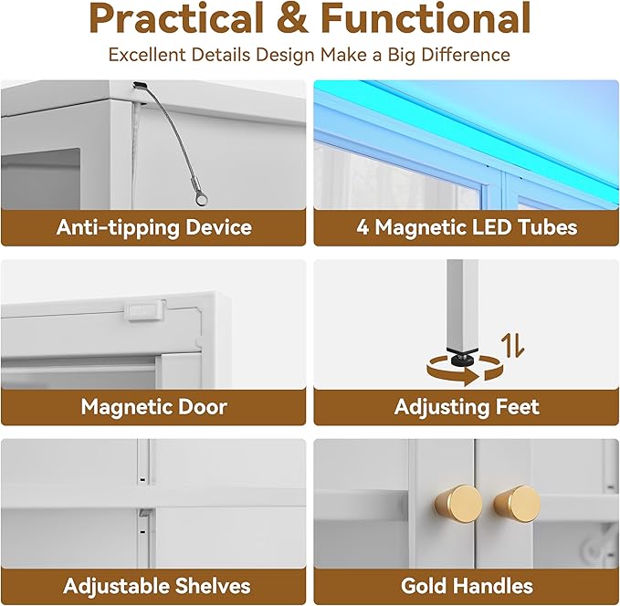 Glass Display Cabinet with Glass Doors, Metal Curio Cabinet with 8-Color LED Lights, 66 Inch Tall Display Case for Collectibles, White Glass Cabinet for Living Room, Assembly Required