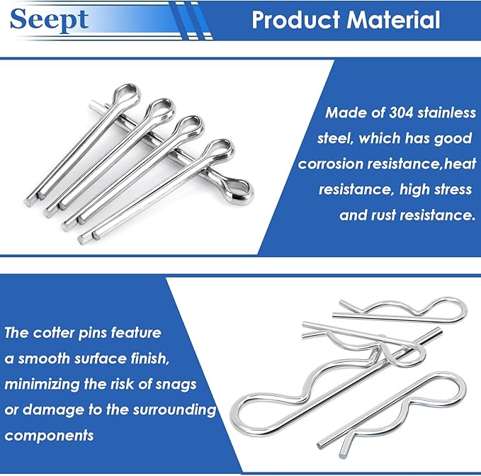 200Pcs 304 Stainless Steel Cotter Pins Assortment Kit - Hitch Pin Clips for Locking Systems | Ideal for Farm Tools, Tractor Implements, and Accessories