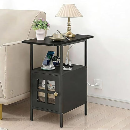 Farmhouse Narrow Side Table with Charging Station - 3-Tier End Table with USB & Outlets Compact Bedside Storage Table for Small Spaces, Multi-Functional Accent Table for Couch Corner Entryway Black