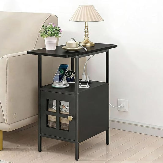 Farmhouse Narrow Side Table with Charging Station - 3-Tier End Table with USB & Outlets Compact Bedside Storage Table for Small Spaces, Multi-Functional Accent Table for Couch Corner Entryway Black