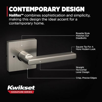 Kwikset Halifax Interior Privacy Door Handle with Lock, Door Lever For Bathroom and Bedroom, Satin Nickel Reversible Keyless Push Button Lock Door Lever, with Microban Protection