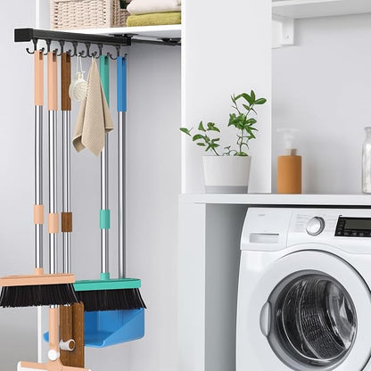 Pull Out Broom Holder With Adjustable Double Row Sliding Hook, Multifunctional Slide Broom And Mop Storage/Organizer Garage Organization Hooks, for Closet Laundry - 41cm/16.14inch