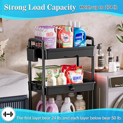 4 Tier Rolling Utility Cart with Drawer, Storage Organizer Cart with 2 Lockable Wheels, Multifunctional Rolling Storage Cart for Bathroom, Kitchen, Craft, Makeup, Baby Essentials, Black