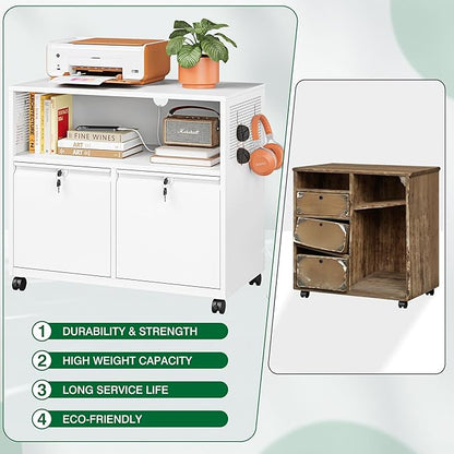 Metal File Cabinet,2 Drawer Lateral Filing Cabinet with Lock,Rolling Printer Stand Storage Cabinets with Shelves for Home Office Letter/Legal/A4 Size Files(White)