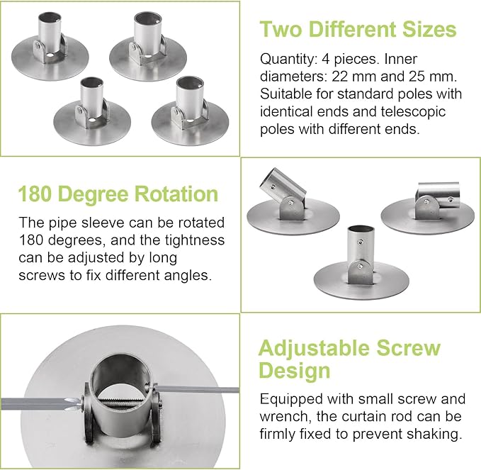 Adjustable Shower Curtain Rod Bracket, 4Pcs Different Sizes Titanium Steel Single Swivel Flange Heavy Duty Closet Rod Holder with Screws (Silver, Inner Dia. 22mm & 26mm)
