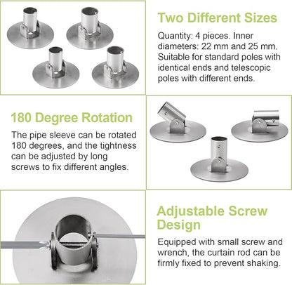 Adjustable Shower Curtain Rod Bracket, 4Pcs Different Sizes Titanium Steel Single Swivel Flange Heavy Duty Closet Rod Holder with Screws (Silver, Inner Dia. 22mm & 26mm)