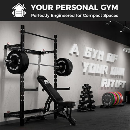 RitFit 2.36'' x 2.36'' Folding Squat Rack for Home Gym, Wall Mounted Squat Rack with Attachments - Space Saving Squat Power Rack