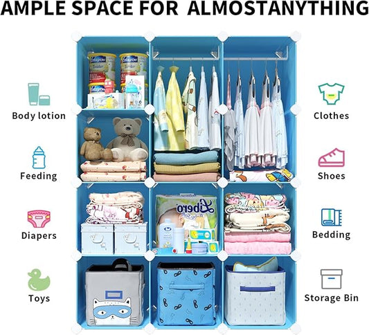 VIPZONE Baby Dresser, Kids Closet Organizers, Portable Kids Wardrobe for Closet, Bedroom, Nursery, Cubby, Cabinet, Clothes, Dress, Baby Storage Shelf, Armoire Clothes Hanging (Blue)