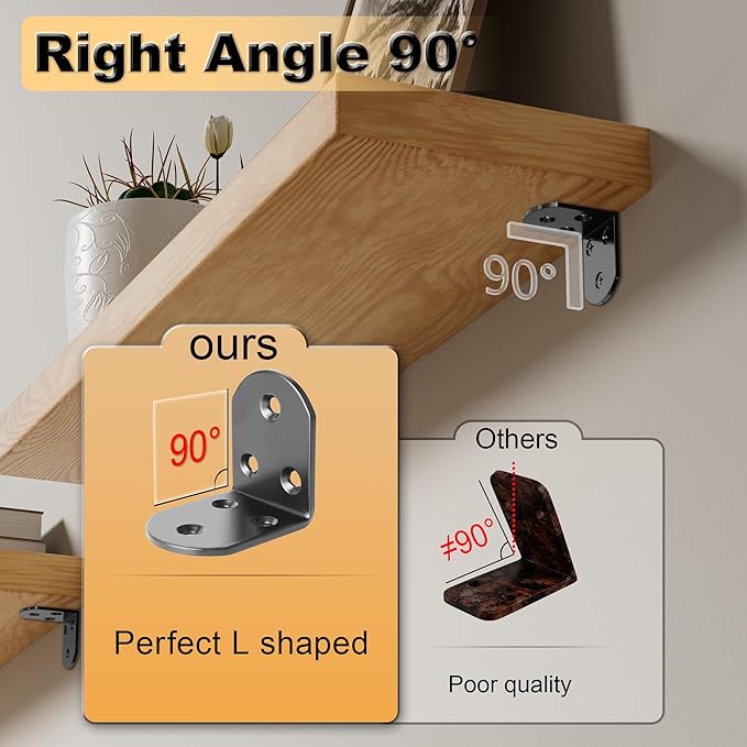 Alise 4Pcs Shelf Brackets Black, Stainless Steel Floating Shelf Brackets Corner Brackets, L Brackets for Shelves, 90 Degree Angle Bracket, Heavy Duty Shelf Brackets for Wood Furniture (1.97X1.97 in)