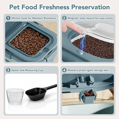15 Lbs Dog/Cat Food Storage Container,Collapsible Food Storage Containers with Rolling Wheel Airtight Locking Lid,Pet Food Storage Container with Cup and Scoop,Blue