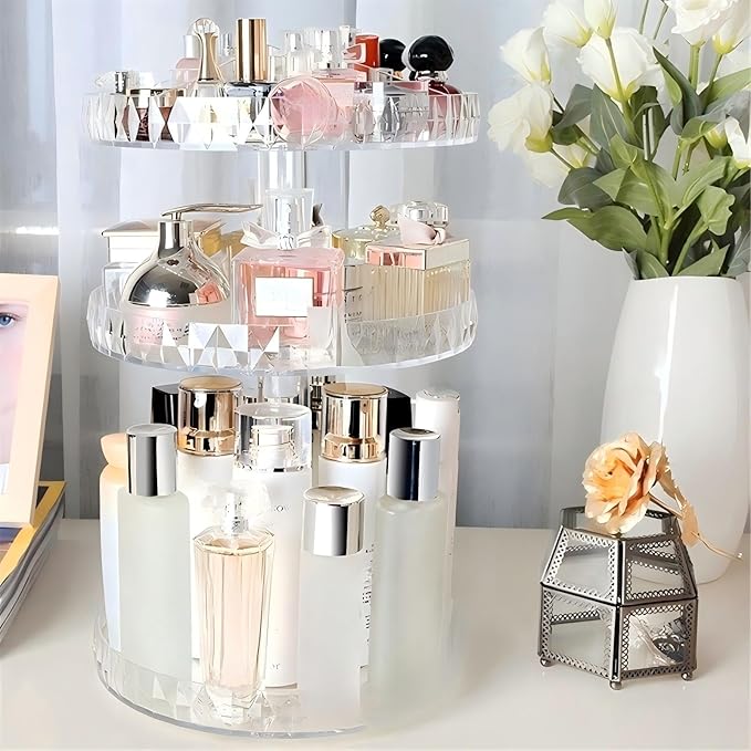 Diamond Pattern Three Layers Perfume Organizer, 360 Rotating Diamond Cosmetic Storage Box Transparent Acrylic Swivel Shelf Desktop Skin Care Product Dresser Finishing Valentines Day Gifts