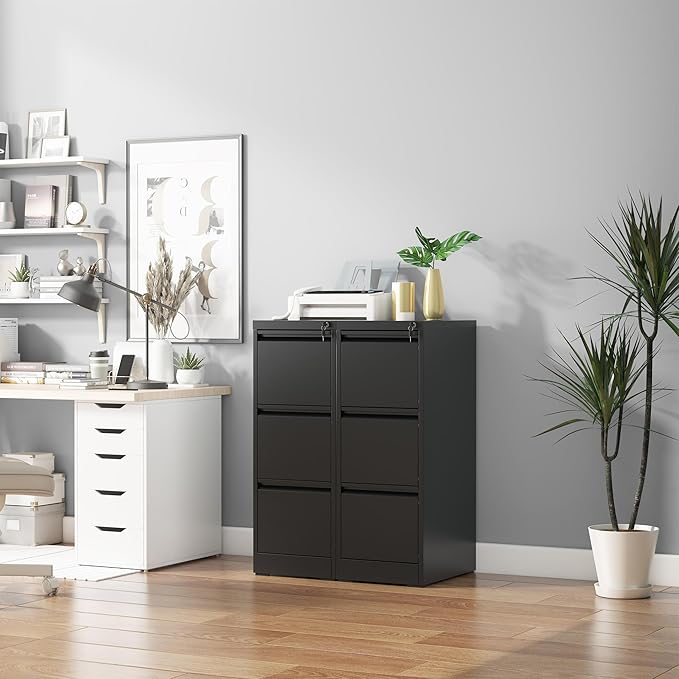 3 Drawer File Cabinet with Lock, Vertical Filing Cabinets for Home Office, Metal Storage Cabinets, Heavy Duty File Cabinet for Letter/Legal/A4/F4 Size Amsseble Required, Black