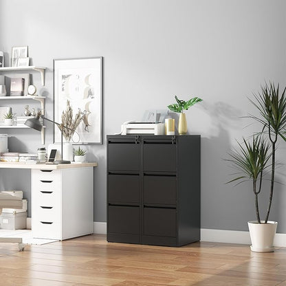 3 Drawer File Cabinet with Lock, Vertical Filing Cabinets for Home Office, Metal Storage Cabinets, Heavy Duty File Cabinet for Letter/Legal/A4/F4 Size Amsseble Required, Black